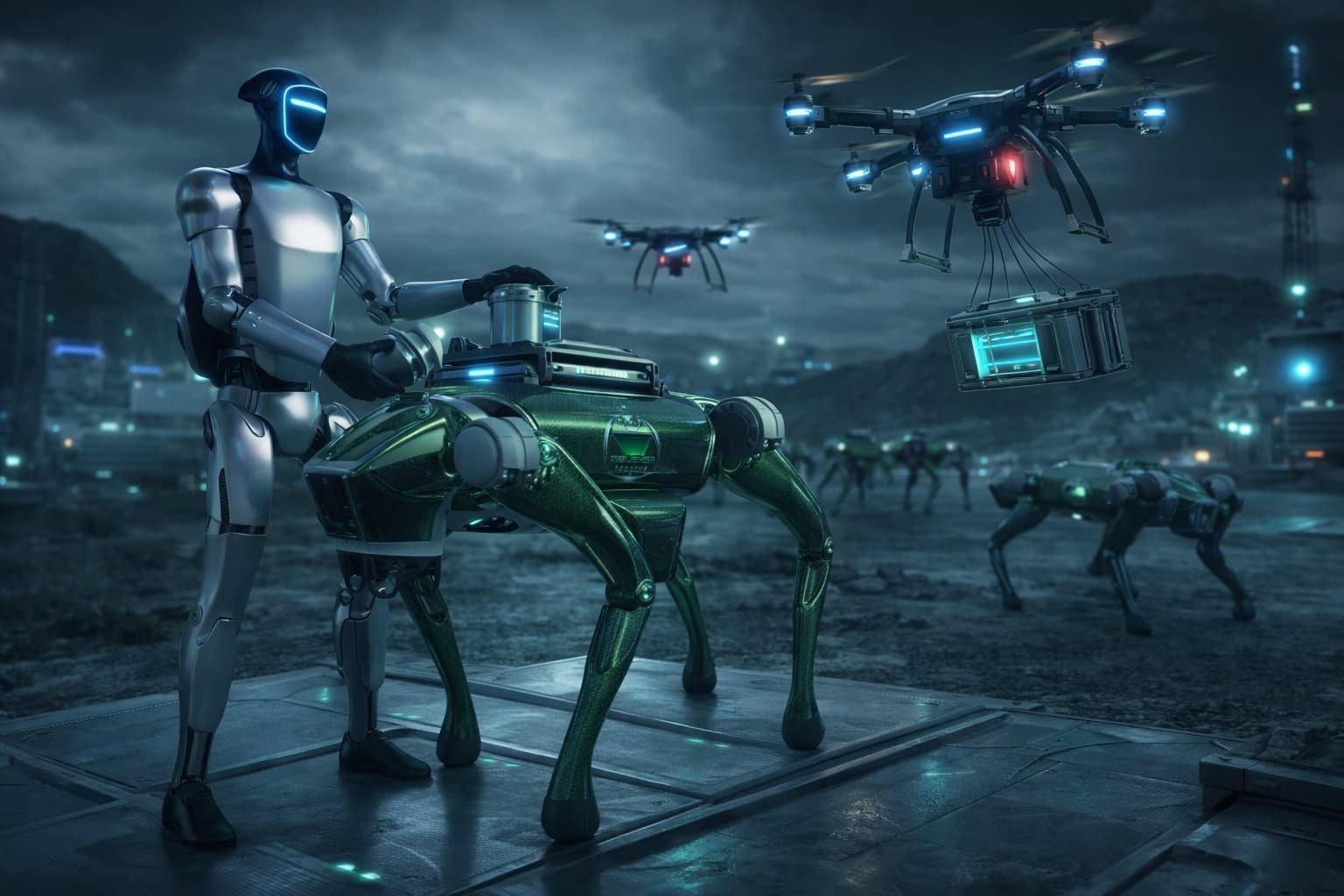 Ilustración conceptual de colaboración entre humanoide, drones y cuadrúpedos