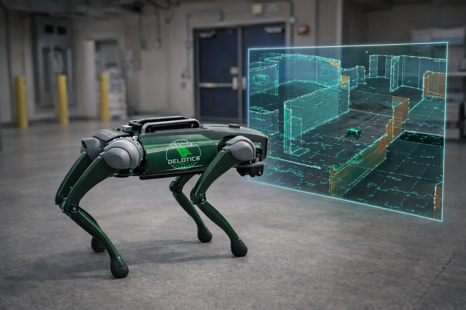 Ilustración de un robot cuadrúpedo generando un mapa del entorno