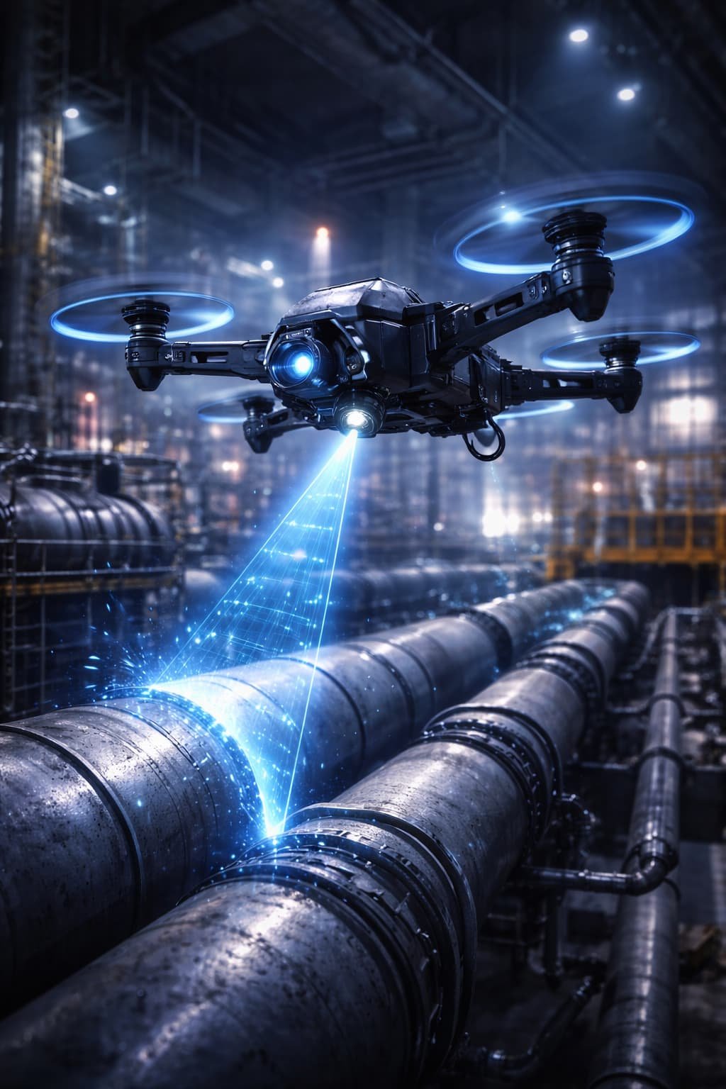 Ilustración conceptual de un dron inspeccionando una instalación industrial