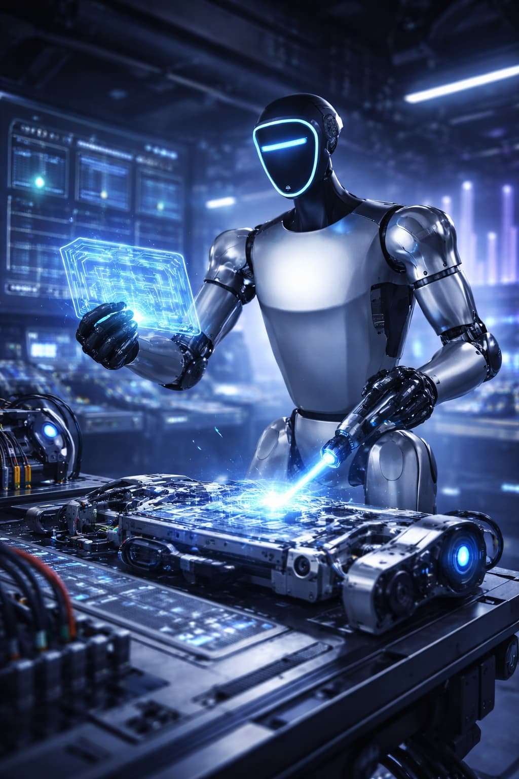 Ilustración conceptual de un robot humanoide en un entorno de desarrollo