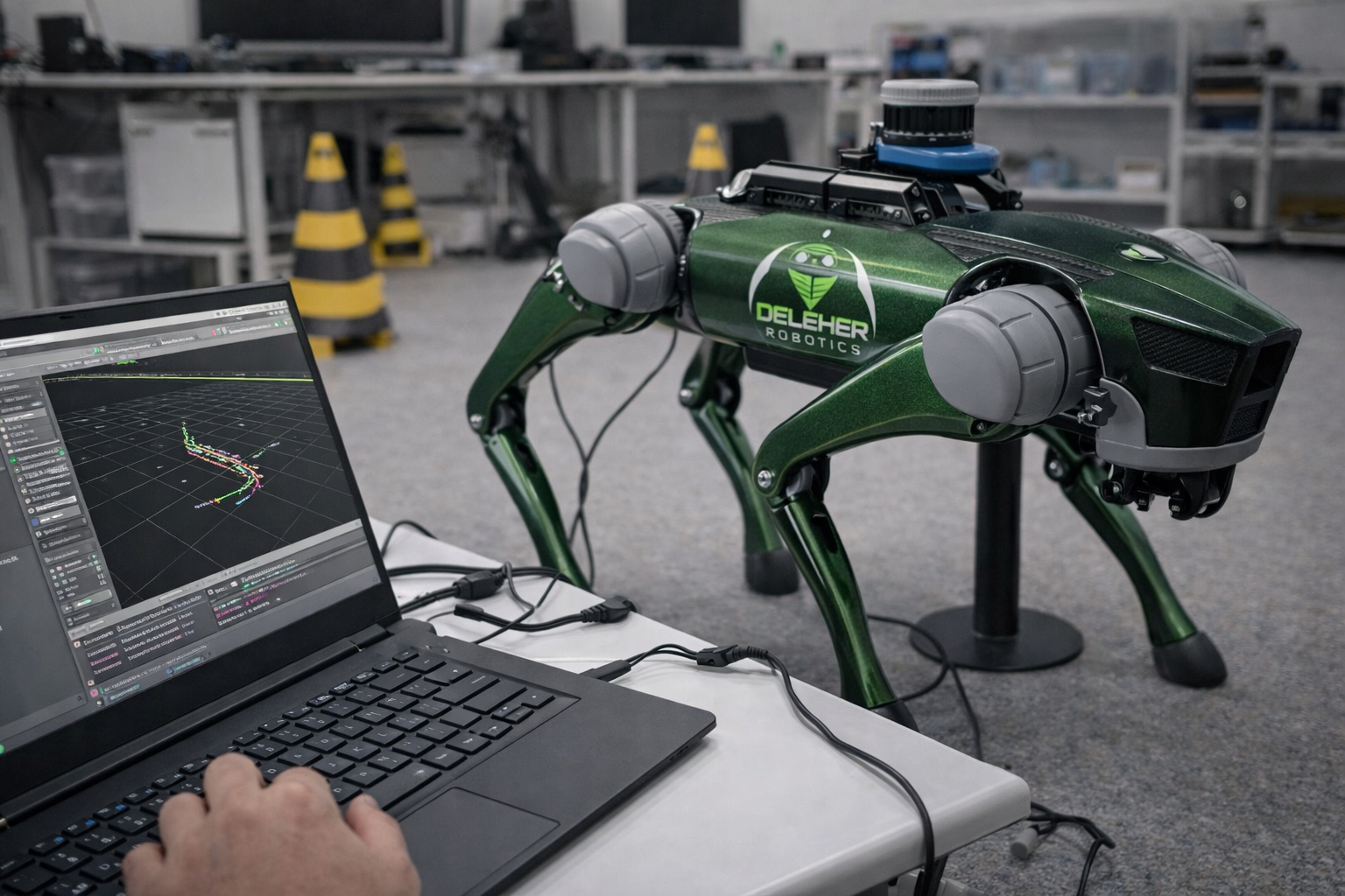 Ilustración de programación y pruebas con un robot cuadrúpedo
