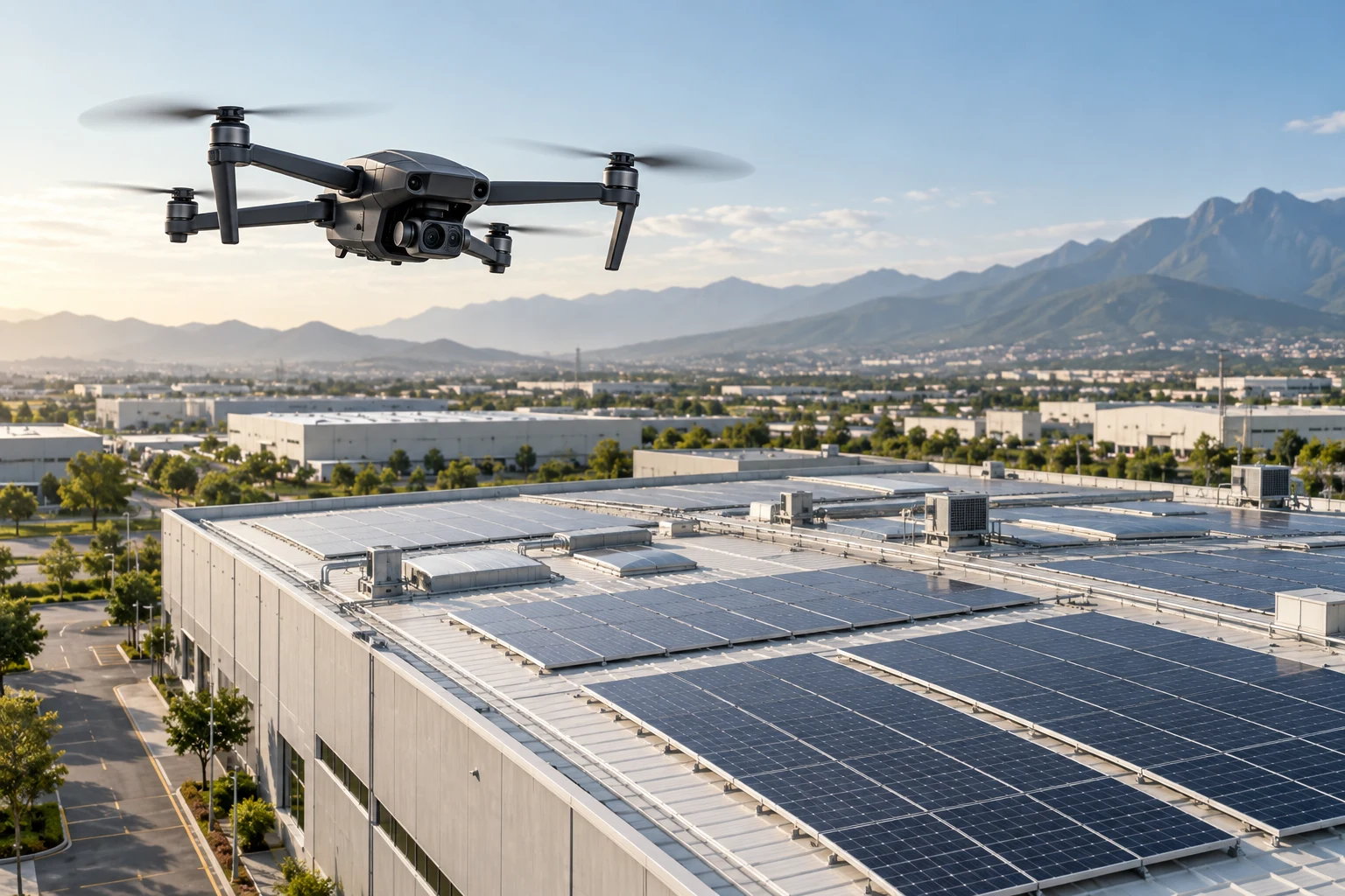 Ilustración conceptual de un dron inspeccionando una instalación industrial con paneles solares