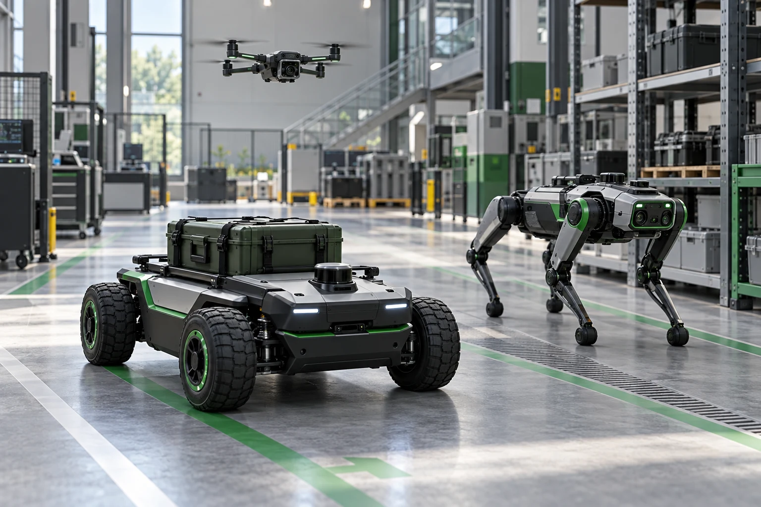 Ilustración de un robot con ruedas colaborando con un cuadrúpedo y un dron
