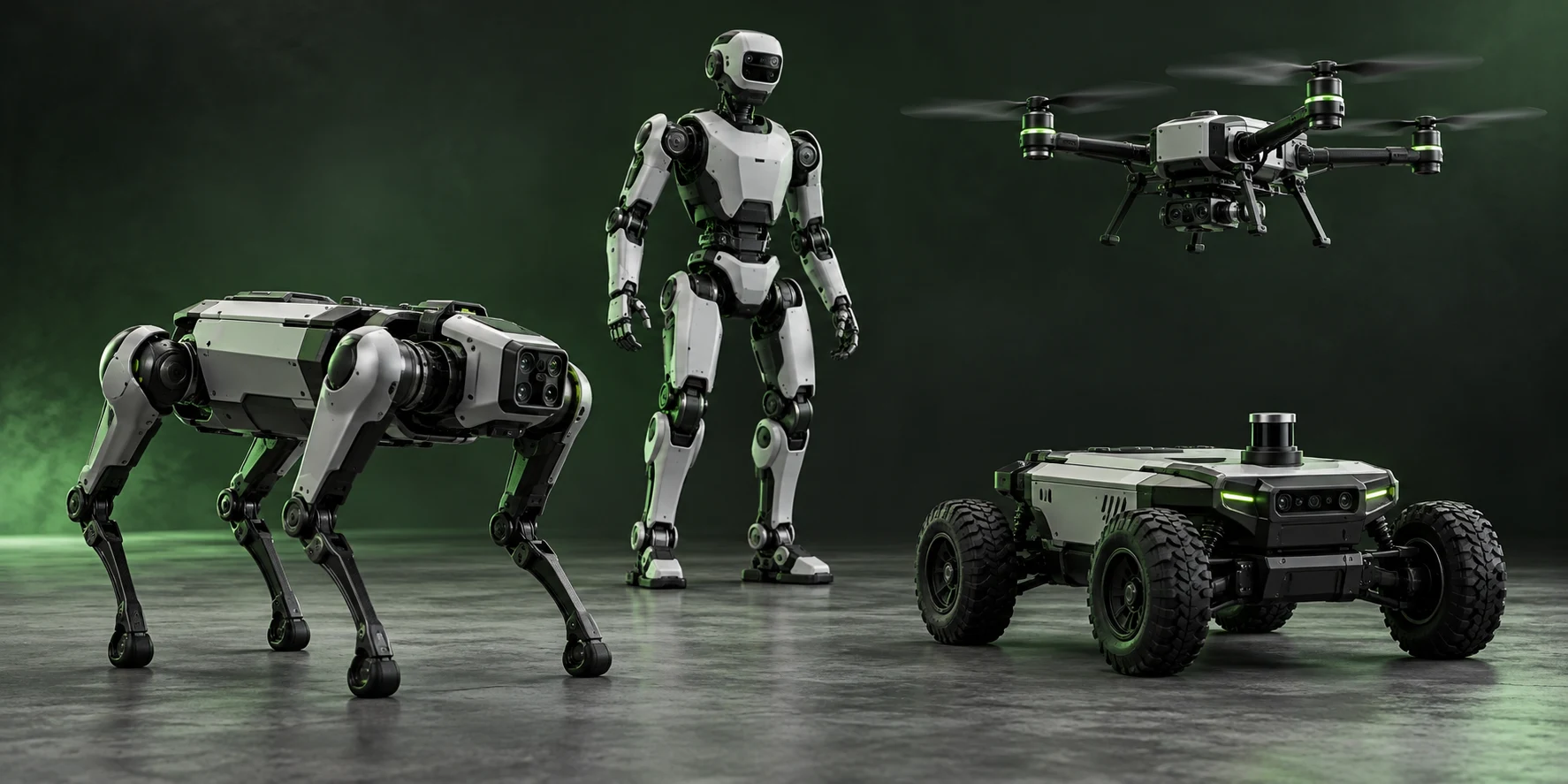Ilustración conceptual de un cuadrúpedo, un humanoide, un dron y un robot con ruedas
